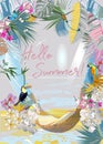 Series of Floral backgrounds with tropical summer and spring flowers, palm leaves, animals, birds near the beach. Royalty Free Stock Photo